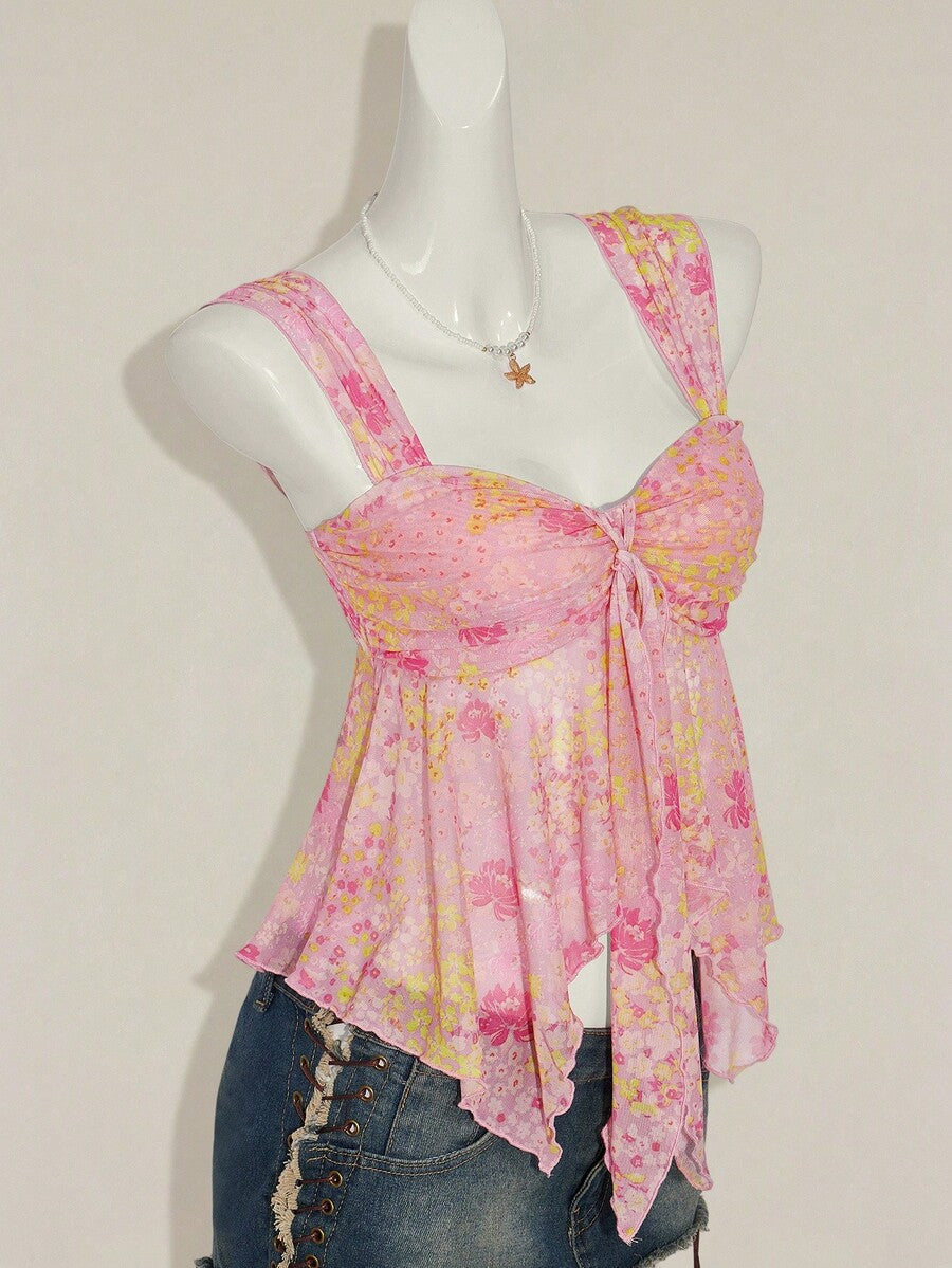 Women's white cherry print cami top with wide straps, ruched knot detail, and an asymmetrical hem