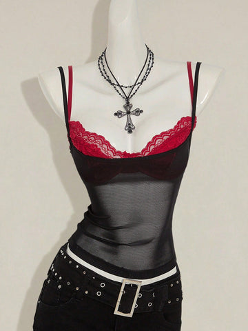 Women's two-piece semi-sheer mesh camisole and lace spaghetti strap crop top set with contrast lace, backless asymmetrical design, and slim fit