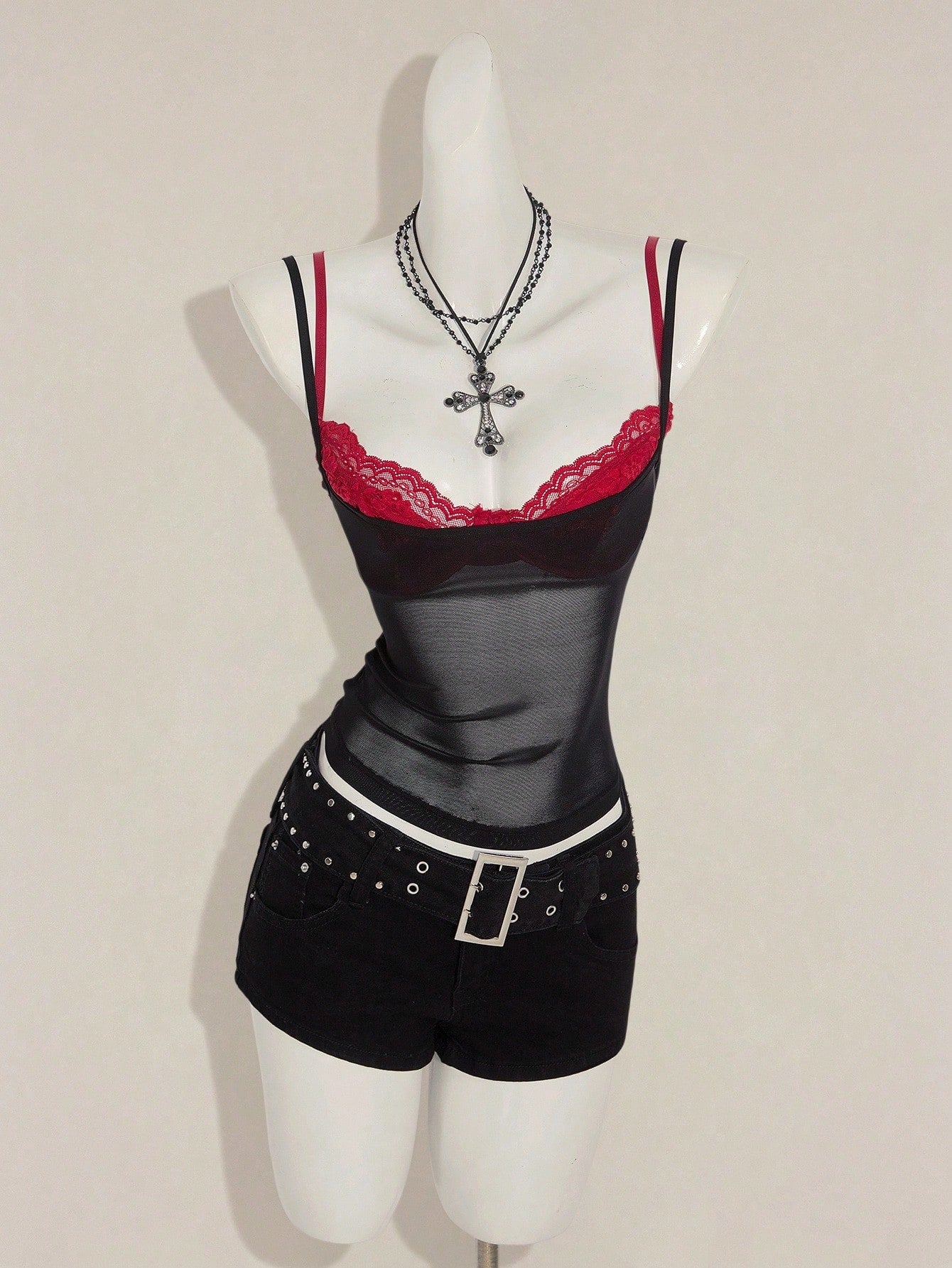 Women's two-piece semi-sheer mesh camisole and lace spaghetti strap crop top set with contrast lace, backless asymmetrical design, and slim fit