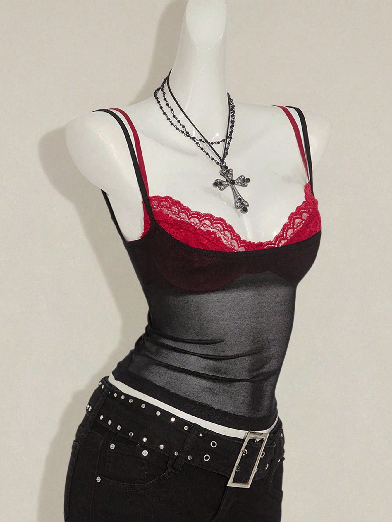 Women's two-piece semi-sheer mesh camisole and lace spaghetti strap crop top set with contrast lace, backless asymmetrical design, and slim fit