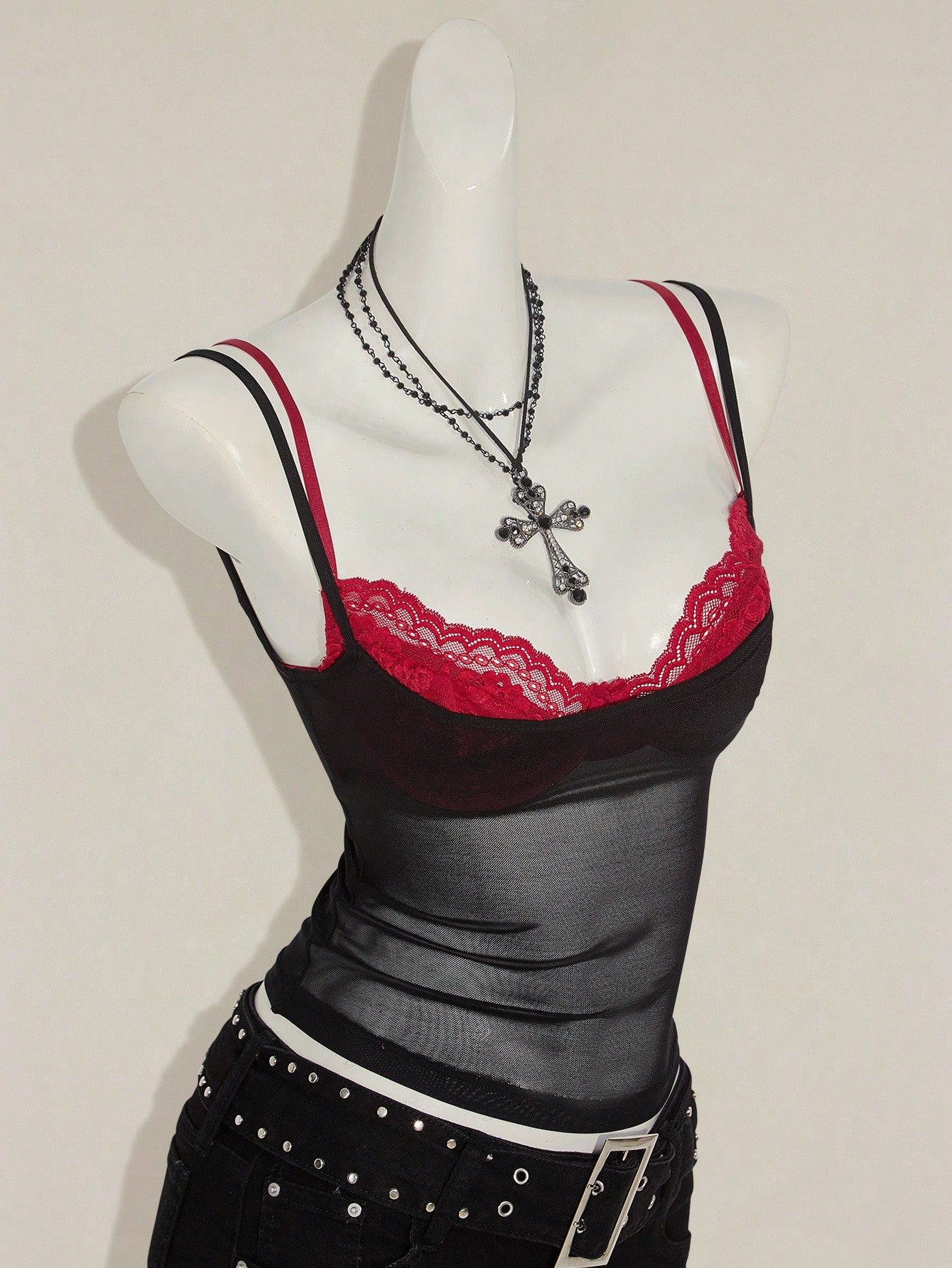 Women's two-piece semi-sheer mesh camisole and lace spaghetti strap crop top set with contrast lace, backless asymmetrical design, and slim fit