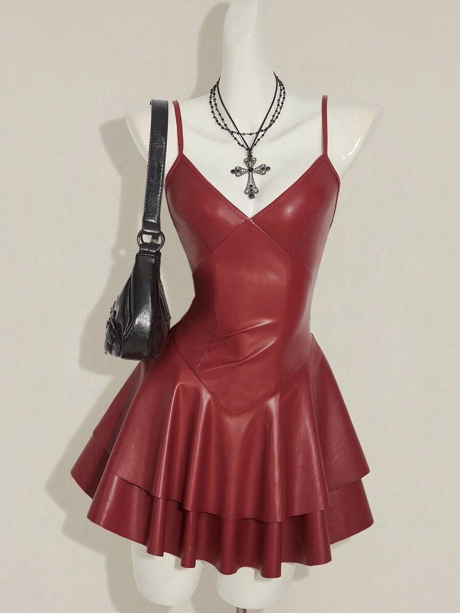 Women's Y2K PU leather mini dress with spaghetti straps, V-neckline, backless design, zipper closure, high waist, slim A-line fit, and layered tiered hem.