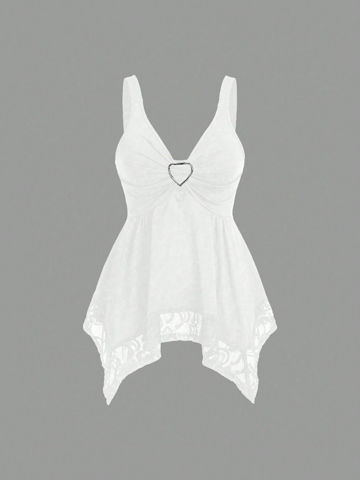 Olithes women contrast lace decorated heart shaped and floral splicing Y2K tank top featuring wide straps and asymmetrical hem.