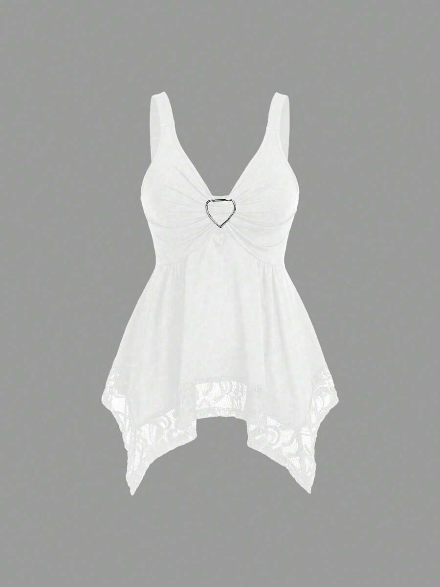 Olithes women contrast lace decorated heart shaped and floral splicing Y2K tank top featuring wide straps and asymmetrical hem.