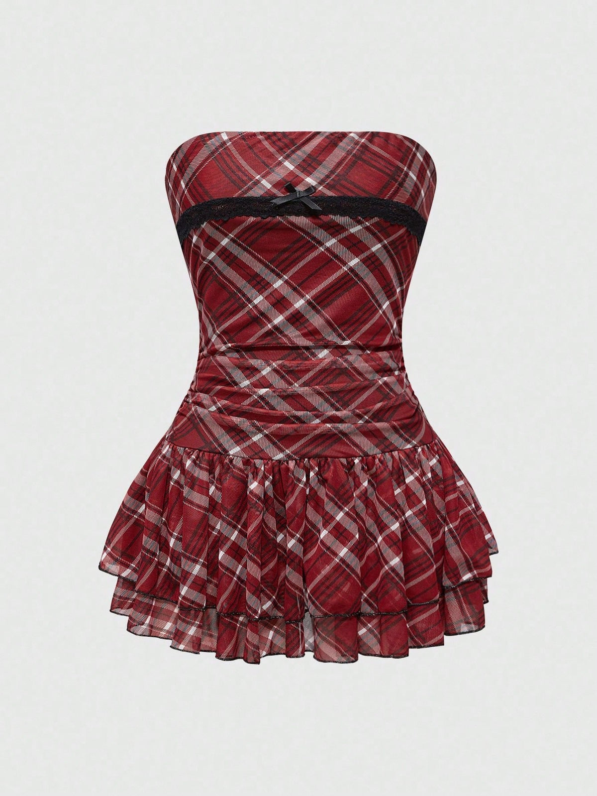 J-Fashion vintage sweet plaid printed strapless mini dress with bow detail, ruched bodice, layered ruffle hem, and matching inner mini shorts.