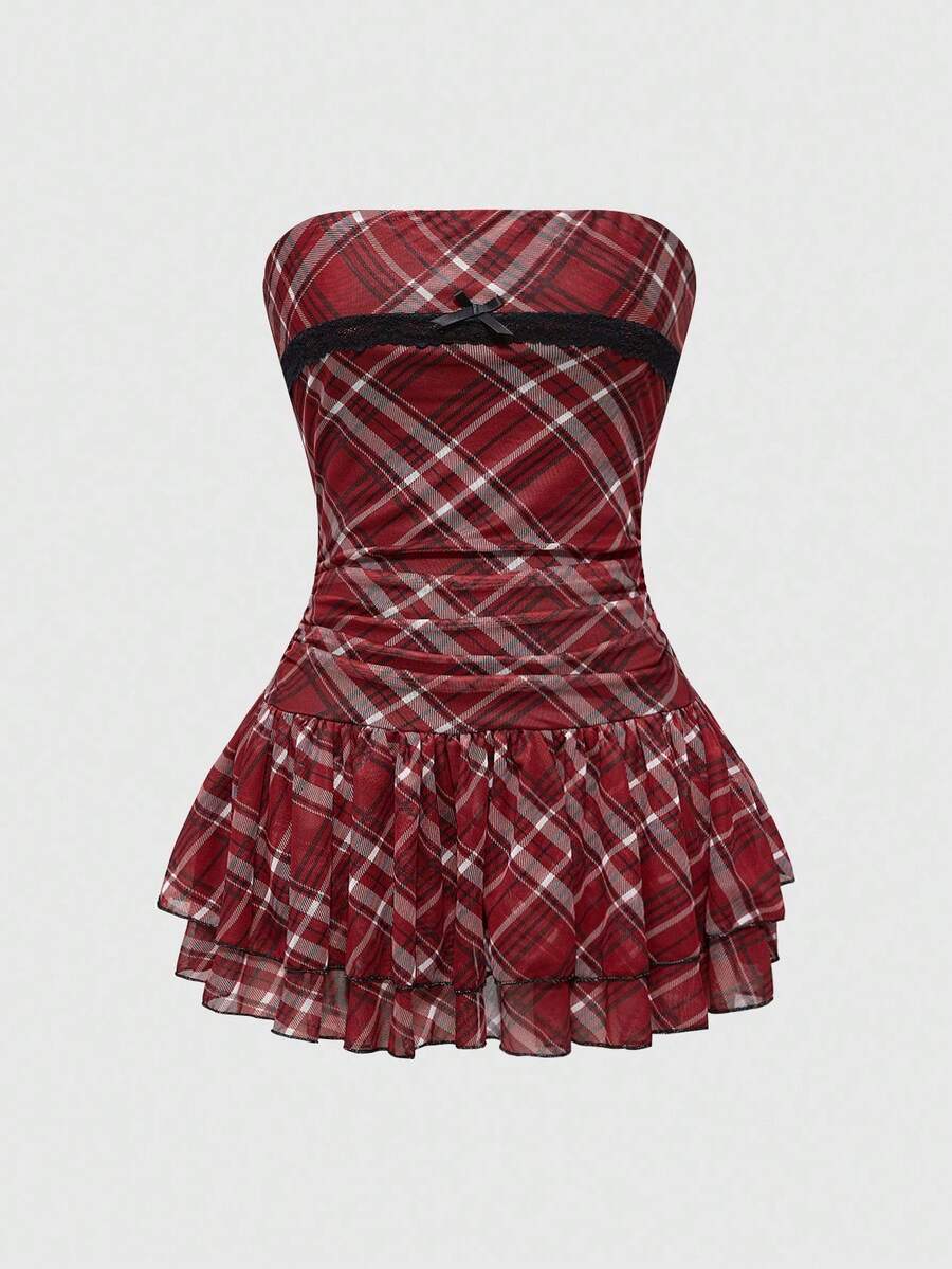 J-Fashion vintage sweet plaid printed strapless mini dress with bow detail, ruched bodice, layered ruffle hem, and matching inner mini shorts.