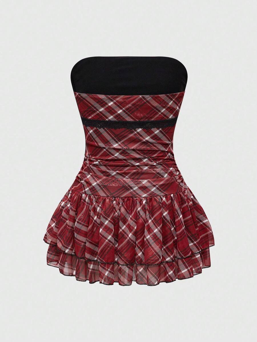J-Fashion vintage sweet plaid printed strapless mini dress with bow detail, ruched bodice, layered ruffle hem, and matching inner mini shorts.