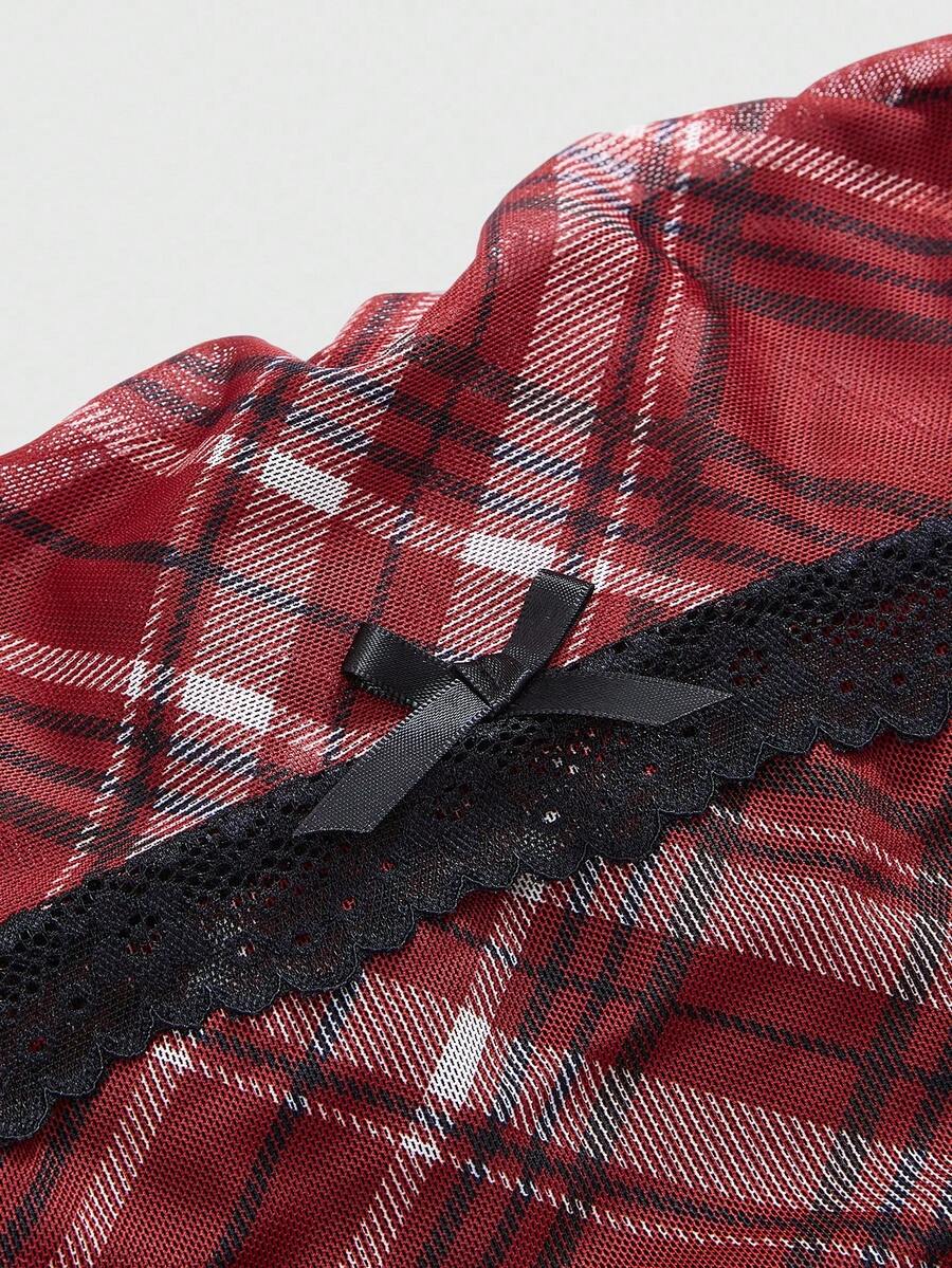 J-Fashion vintage sweet plaid printed strapless mini dress with bow detail, ruched bodice, layered ruffle hem, and matching inner mini shorts.