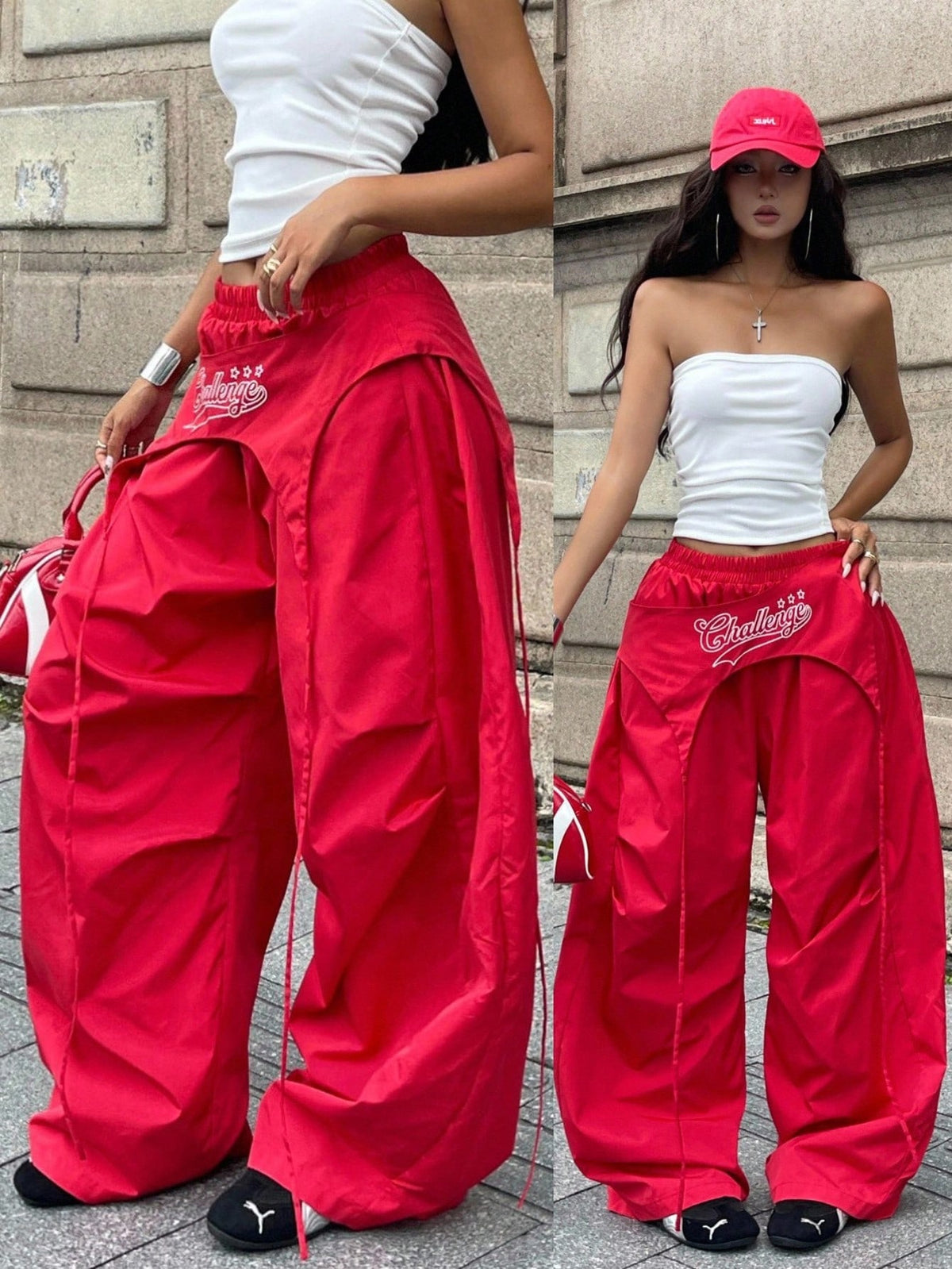 Women's casual wide leg long pants featuring an elastic drawstring waistband and loose fit silhouette.