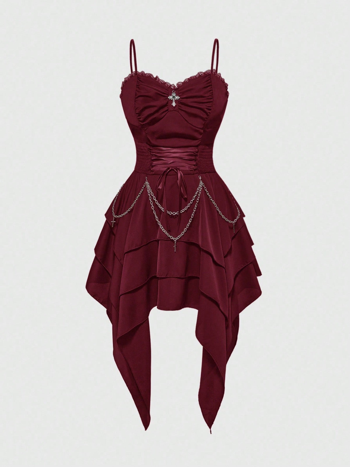 Women's vintage gothic cami dress with high-waist lace-up detail, spaghetti straps, zipper closure, and an asymmetrical knee-length hem.