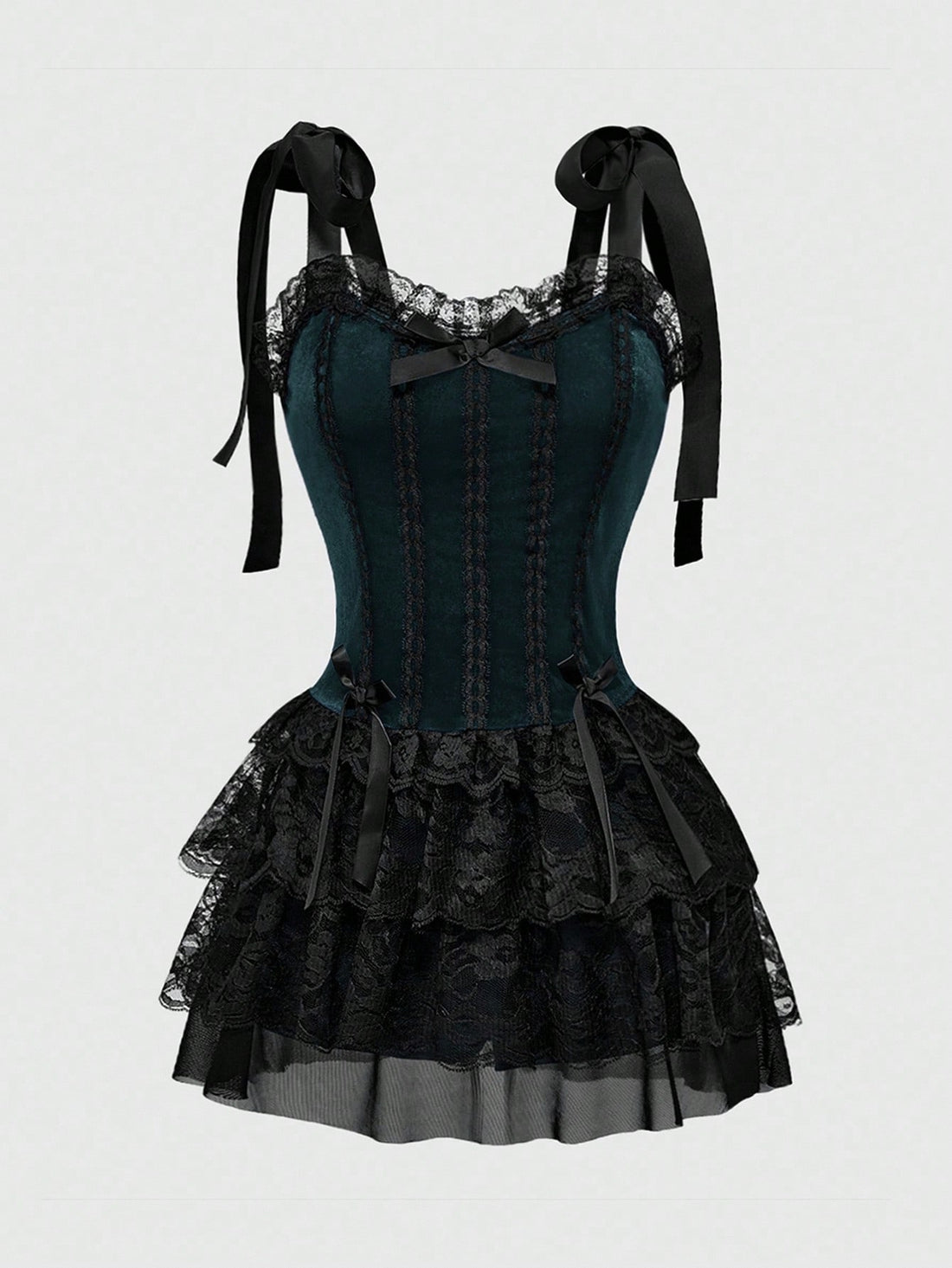 Gothic velvet halter mini dress with contrast lace trim, bow detail, lace-up accents, arm sleeves, layered hem, and cross pendant.