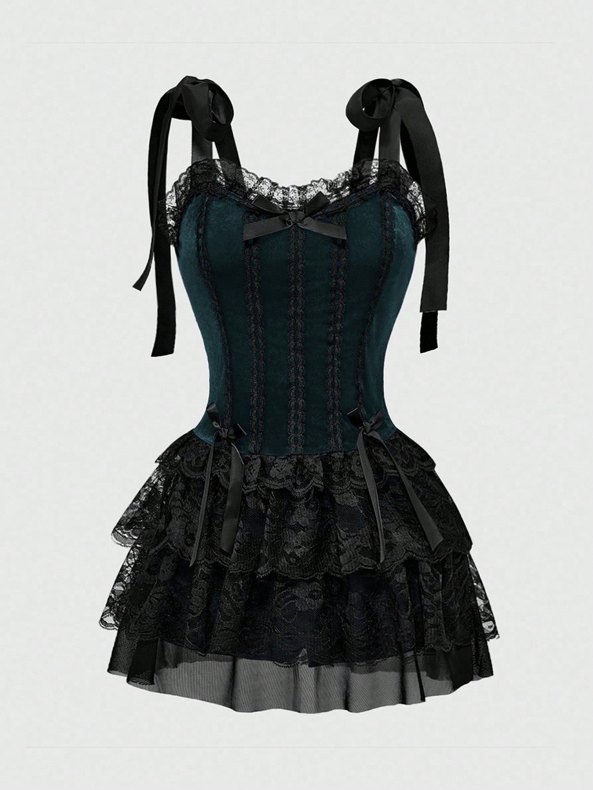 Gothic velvet halter mini dress with contrast lace trim, bow detail, lace-up accents, arm sleeves, layered hem, and cross pendant.
