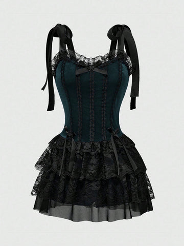 Gothic velvet halter mini dress with contrast lace trim, bow detail, lace-up accents, arm sleeves, layered hem, and cross pendant.