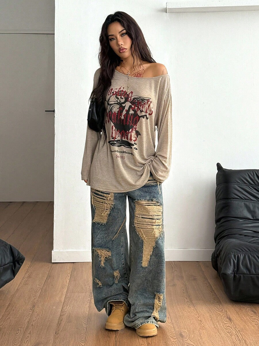 Women's brown striped boat neck long sleeve raglan T-shirt with a loose casual fit
