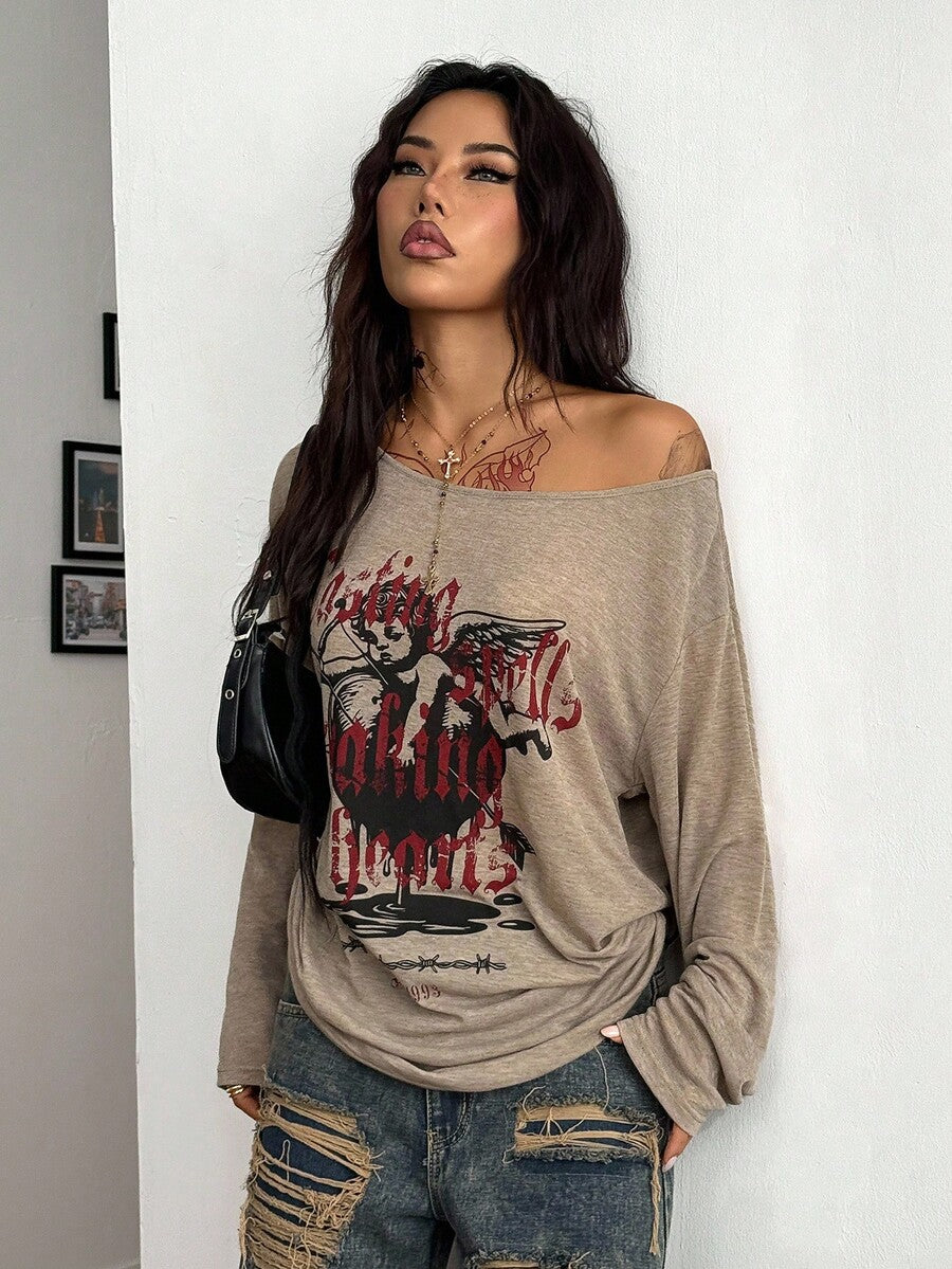 Women's brown striped boat neck long sleeve raglan T-shirt with a loose casual fit