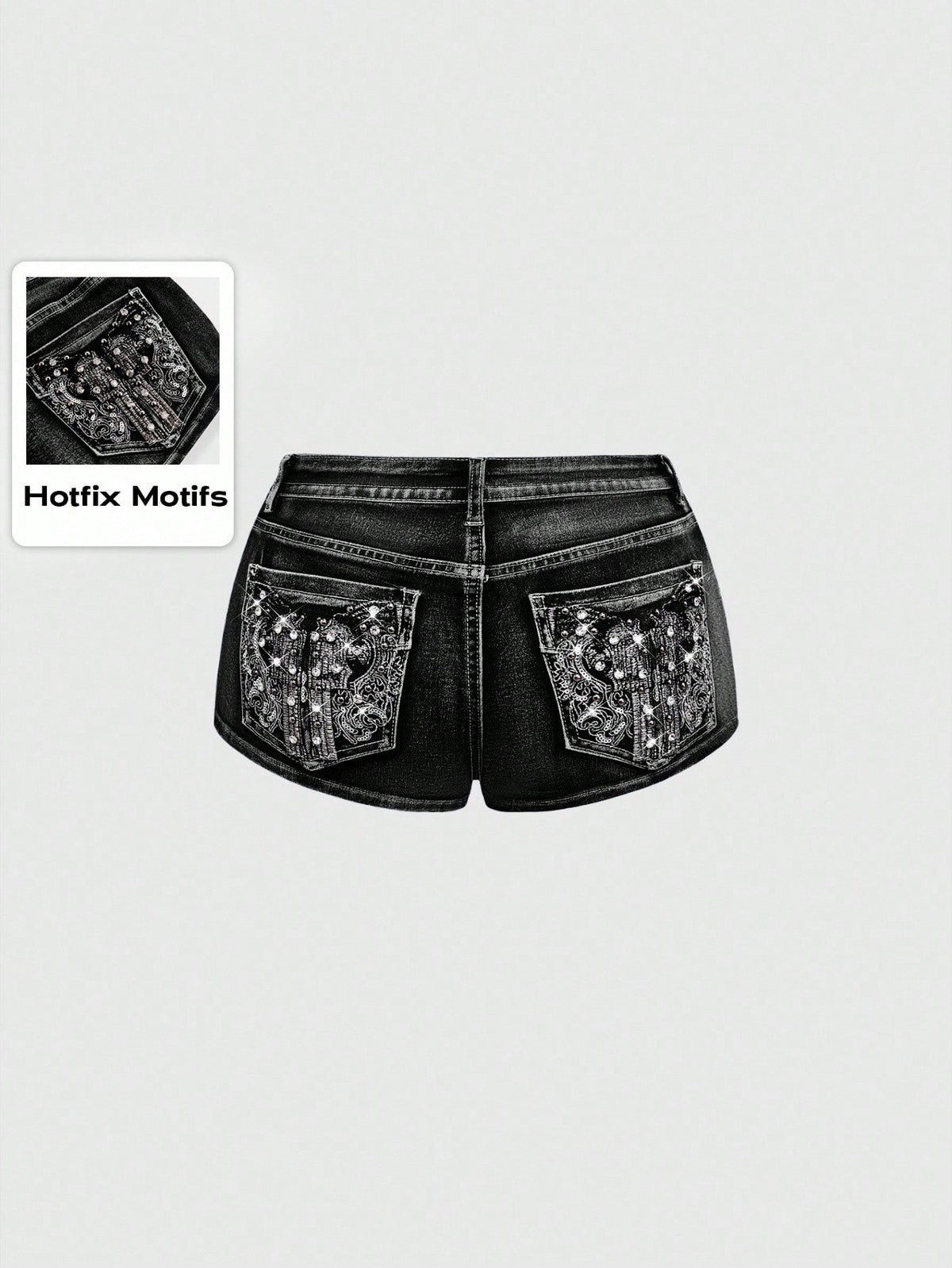 Women's ultra low waist skort with mini shorts length, zipper fly, pockets, pistol embroidery, and rhinestone details
