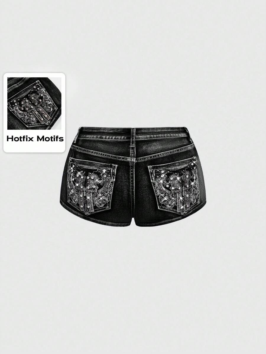 Women's ultra low waist skort with mini shorts length, zipper fly, pockets, pistol embroidery, and rhinestone details