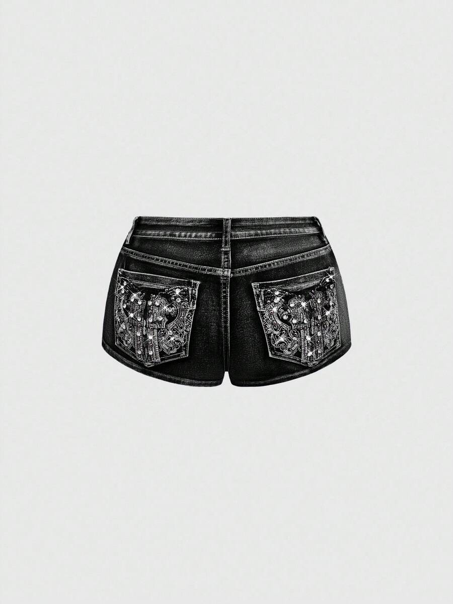 Women's ultra low waist skort with mini shorts length, zipper fly, pockets, pistol embroidery, and rhinestone details