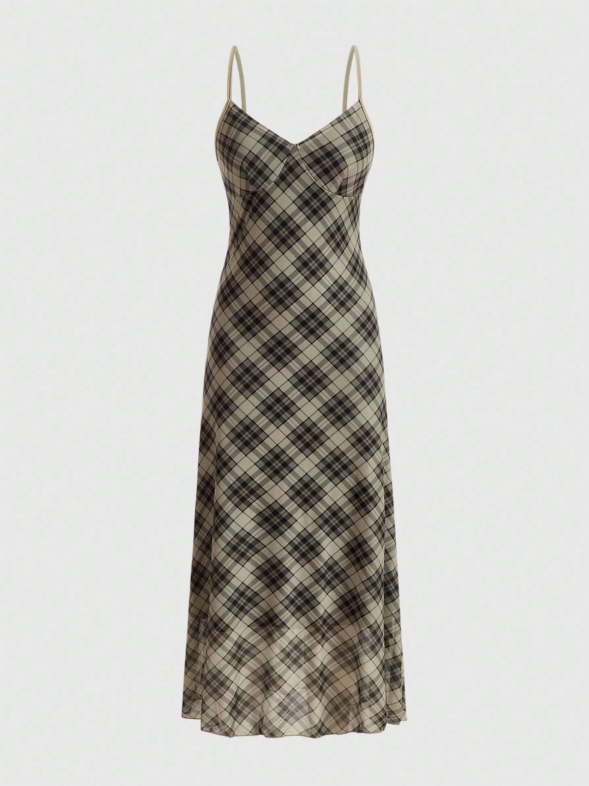 Women's sleeveless plaid cami maxi dress with spaghetti straps, backless detail, and a split thigh mermaid hem.