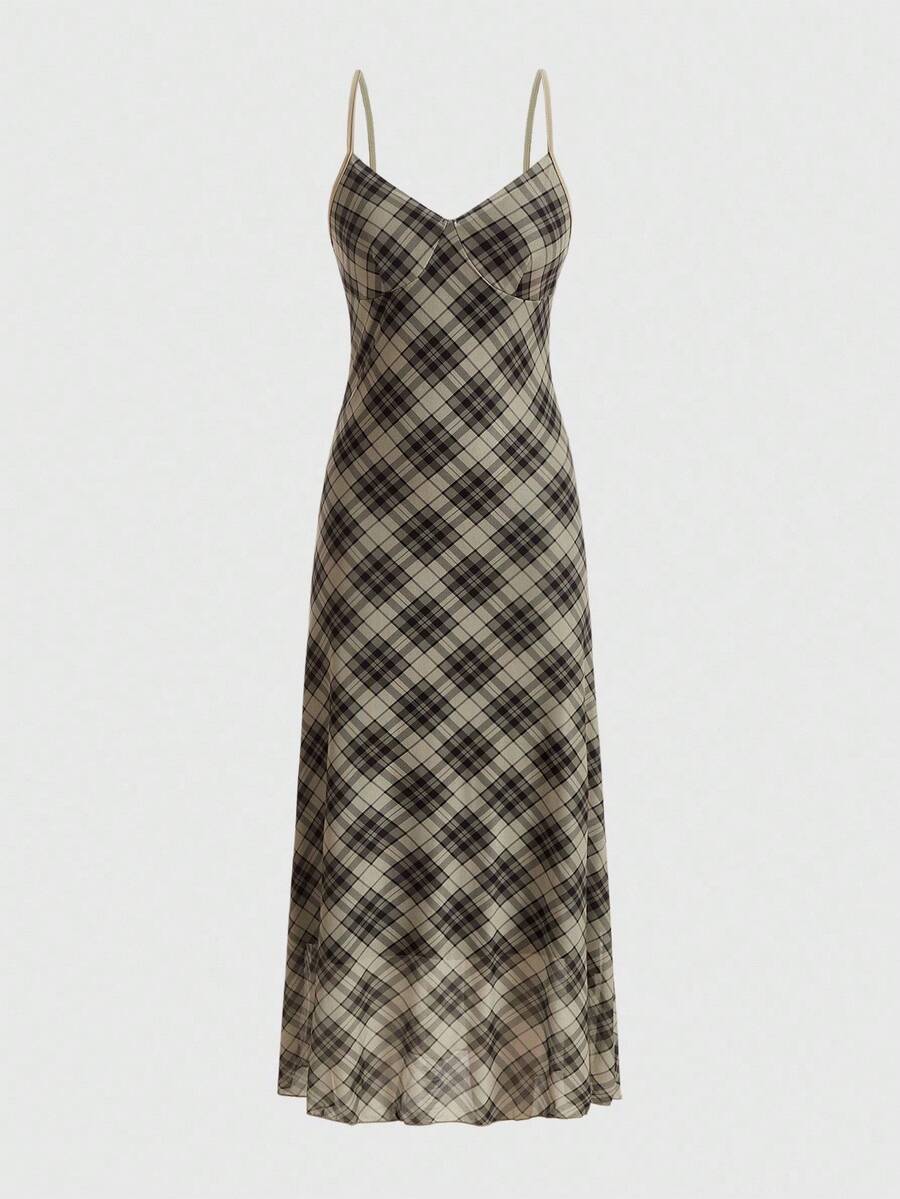 Women's sleeveless plaid cami maxi dress with spaghetti straps, backless detail, and a split thigh mermaid hem.