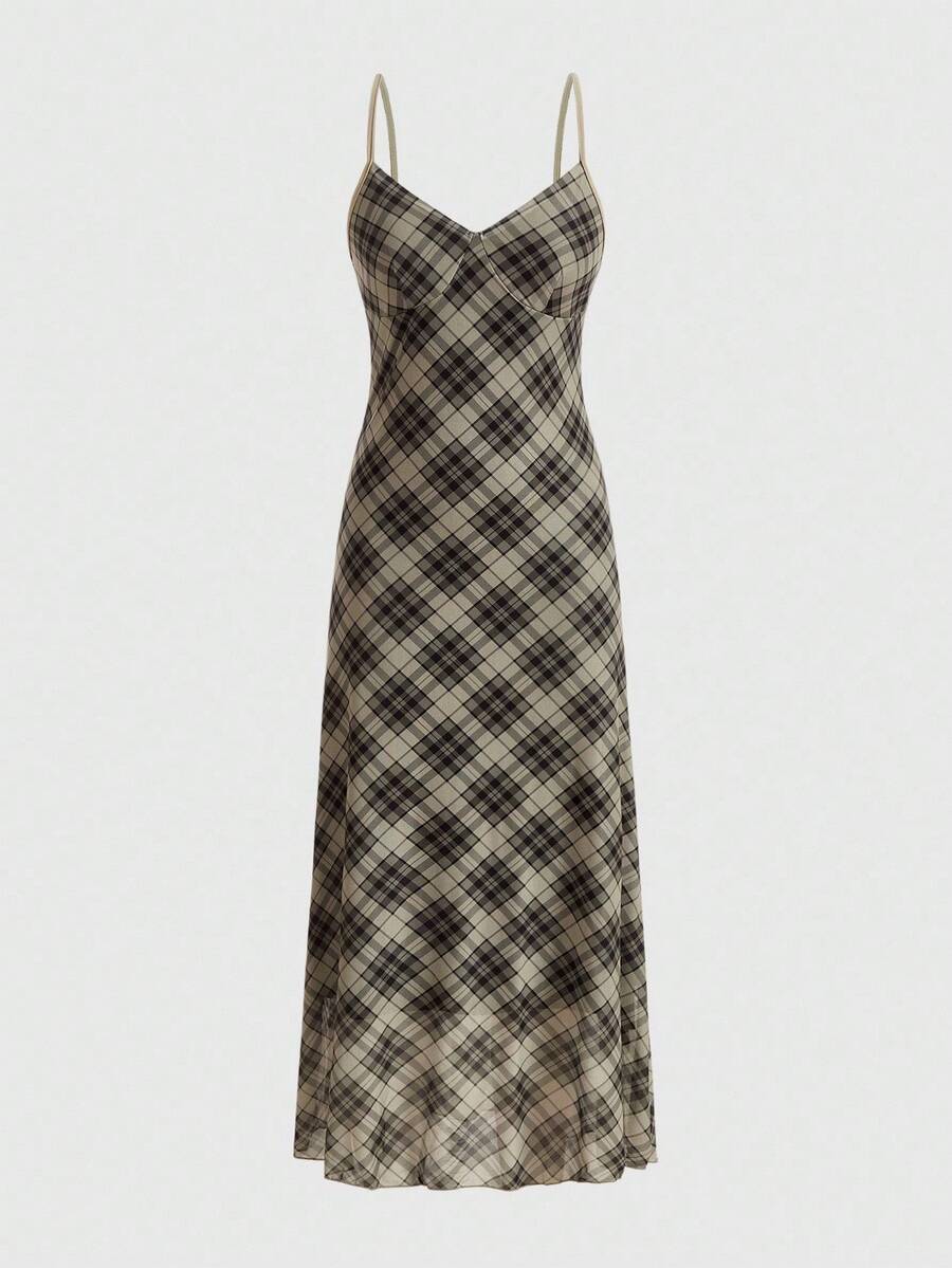 Women's sleeveless plaid cami maxi dress with spaghetti straps, backless detail, and a split thigh mermaid hem.