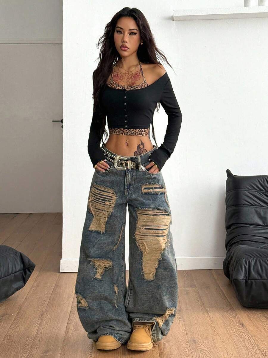 Women's cropped long sleeve 2-in-1 graphic T-shirt with scoop neck, tree branch pattern, patchwork camisole look, and gold button detail