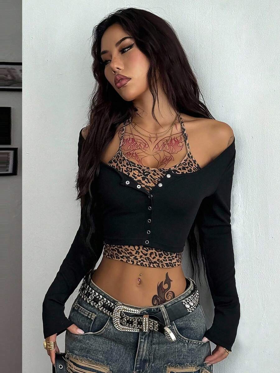 Women's cropped long sleeve 2-in-1 graphic T-shirt with scoop neck, tree branch pattern, patchwork camisole look, and gold button detail