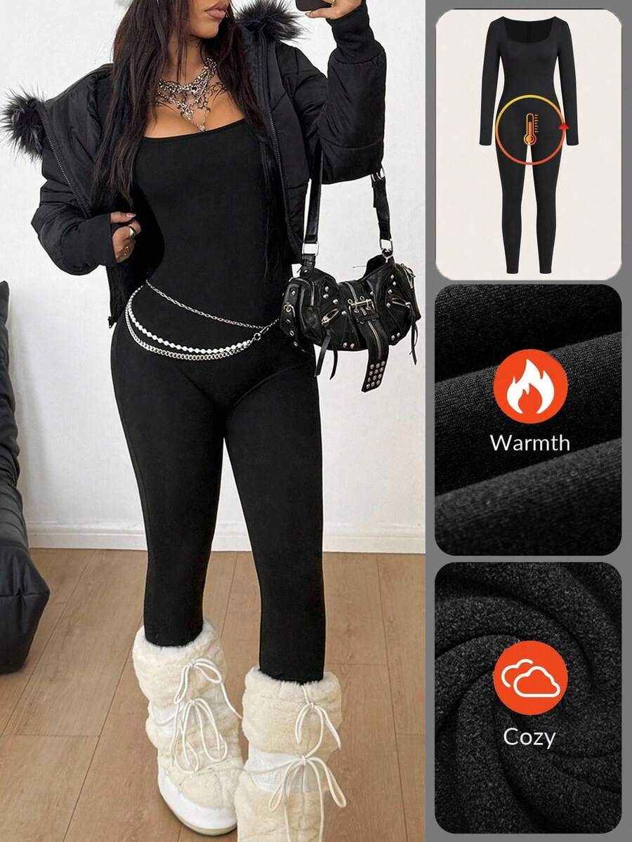 Black square neck long sleeve sport jumpsuit in rib-knit fabric with slim fit unitard silhouette for women.