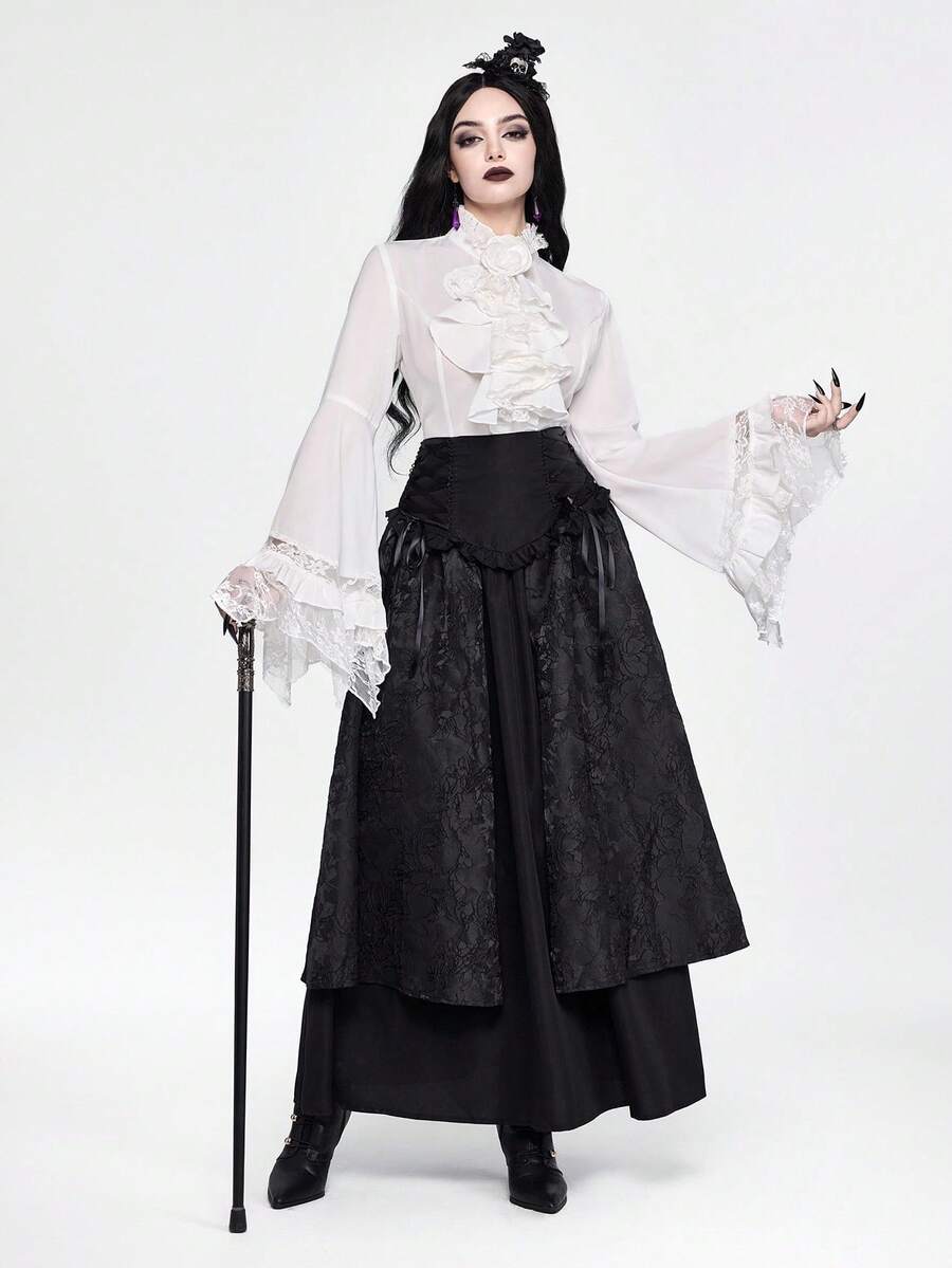 Women's gothic lace blouse with flare long sleeves, tie neckline, and semi-sheer embroidery details.