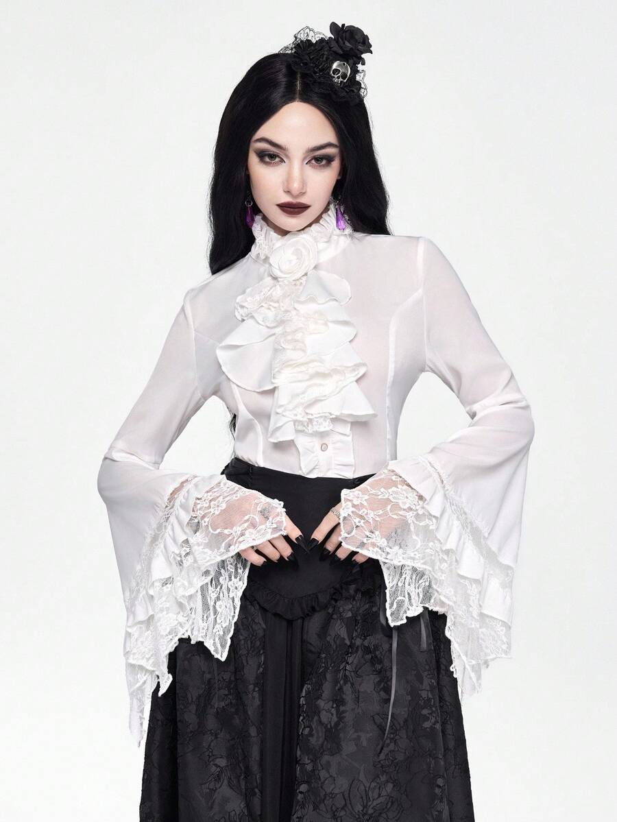 Women's gothic lace blouse with flare long sleeves, tie neckline, and semi-sheer embroidery details.