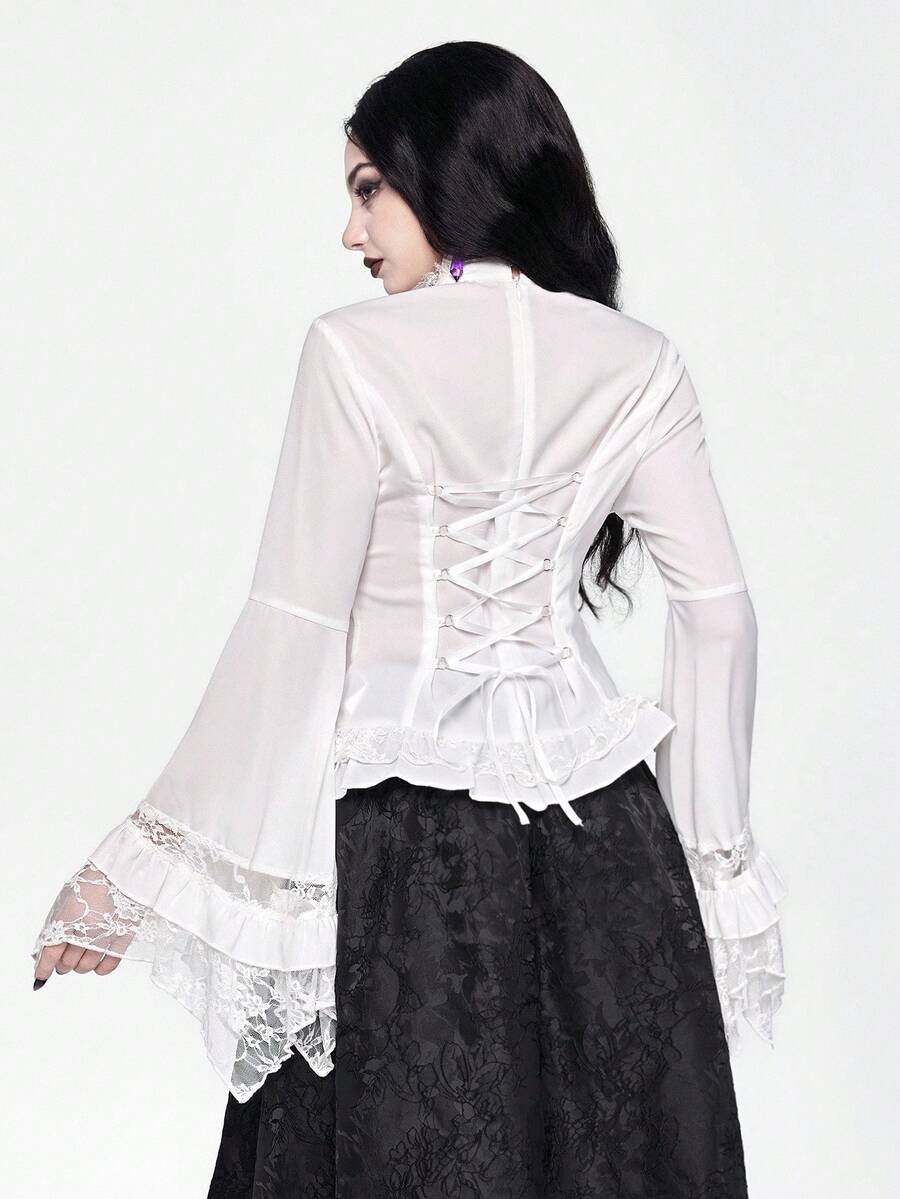 Women's gothic lace blouse with flare long sleeves, tie neckline, and semi-sheer embroidery details.
