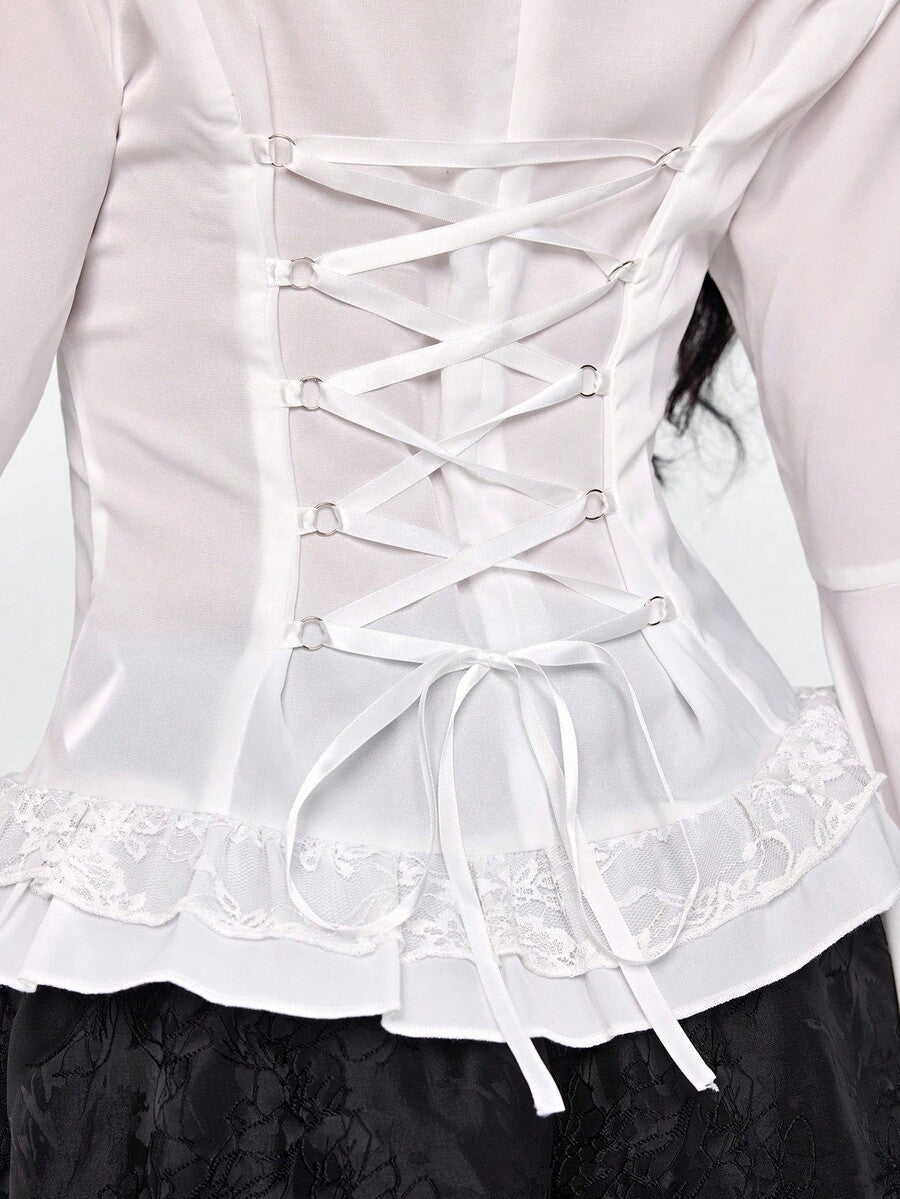 Women's gothic lace blouse with flare long sleeves, tie neckline, and semi-sheer embroidery details.