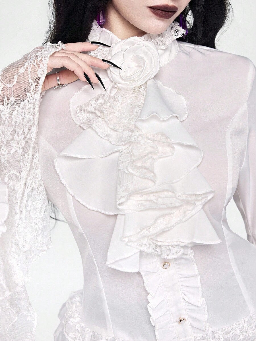 Women's gothic lace blouse with flare long sleeves, tie neckline, and semi-sheer embroidery details.