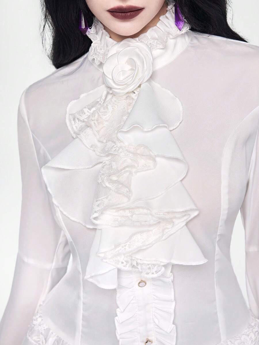 Women's gothic lace blouse with flare long sleeves, tie neckline, and semi-sheer embroidery details.