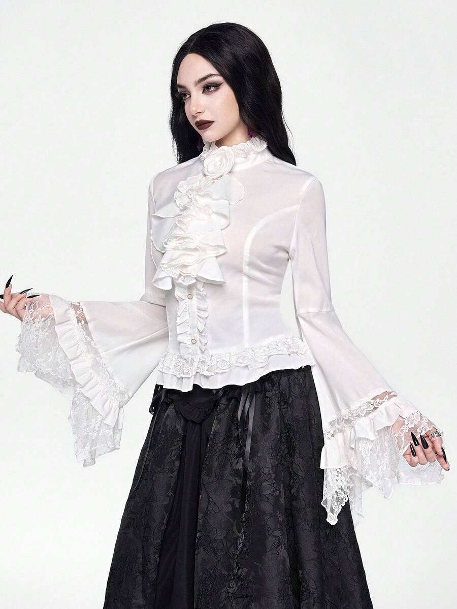 Women's gothic lace blouse with flare long sleeves, tie neckline, and semi-sheer embroidery details.