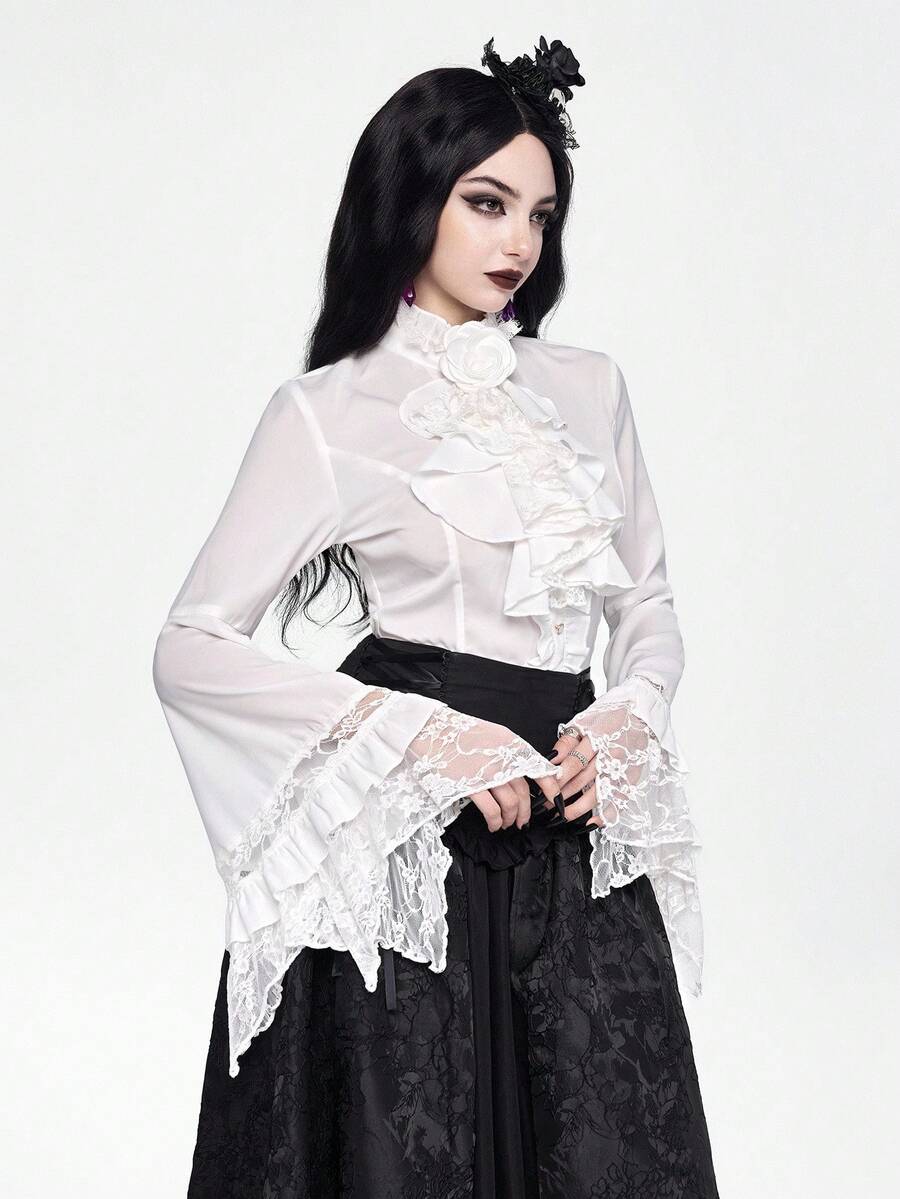 Women's gothic lace blouse with flare long sleeves, tie neckline, and semi-sheer embroidery details.