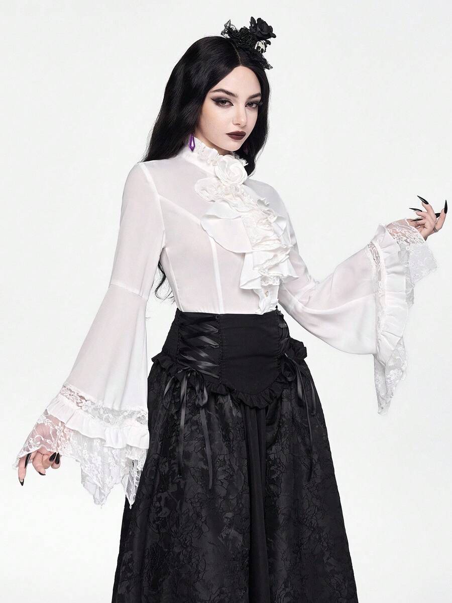 Women's gothic lace blouse with flare long sleeves, tie neckline, and semi-sheer embroidery details.
