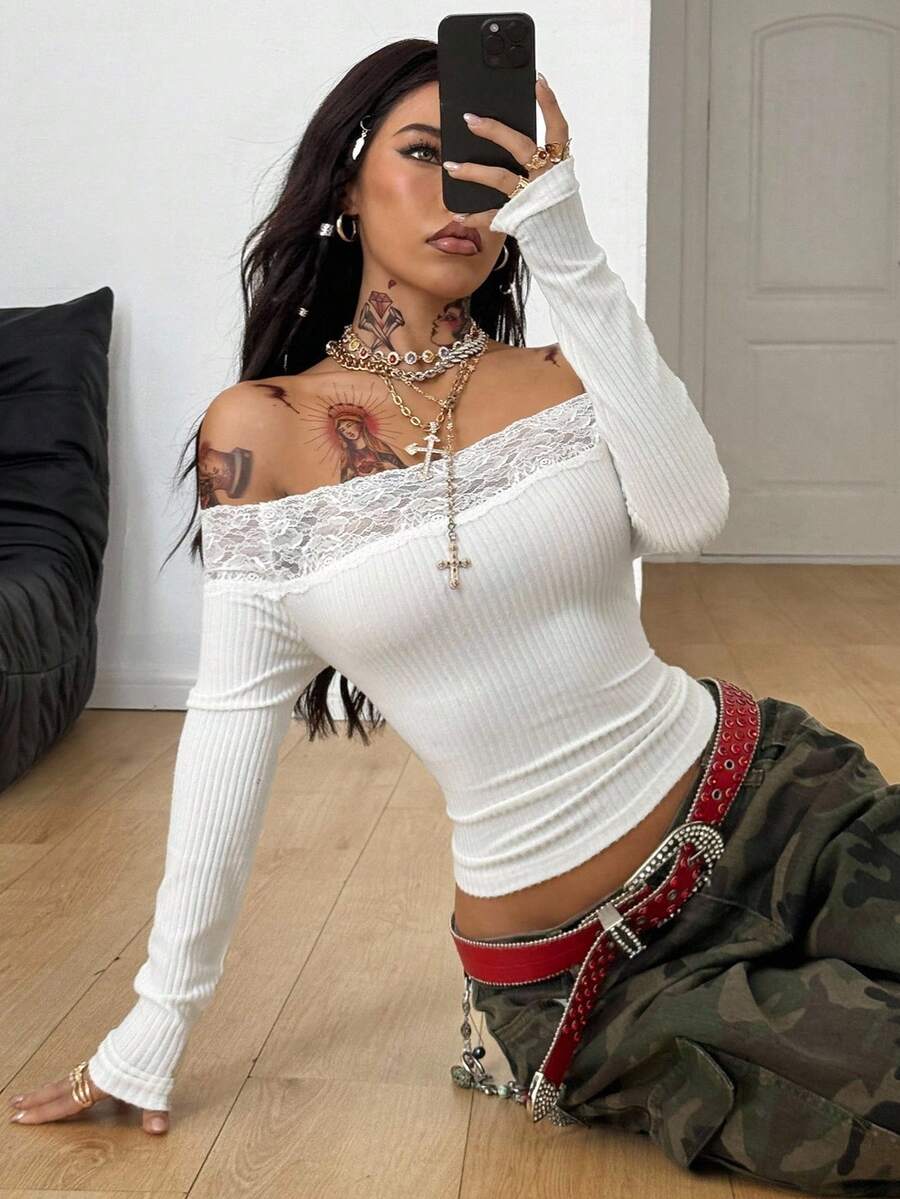 Women's slim fit off the shoulder long sleeve knitted top featuring contrast lace trim and ruched accents.