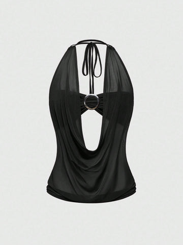 Women's Y2K retro crop tank top with draped halter neckline, cut-out detail, slim fit, and backless design