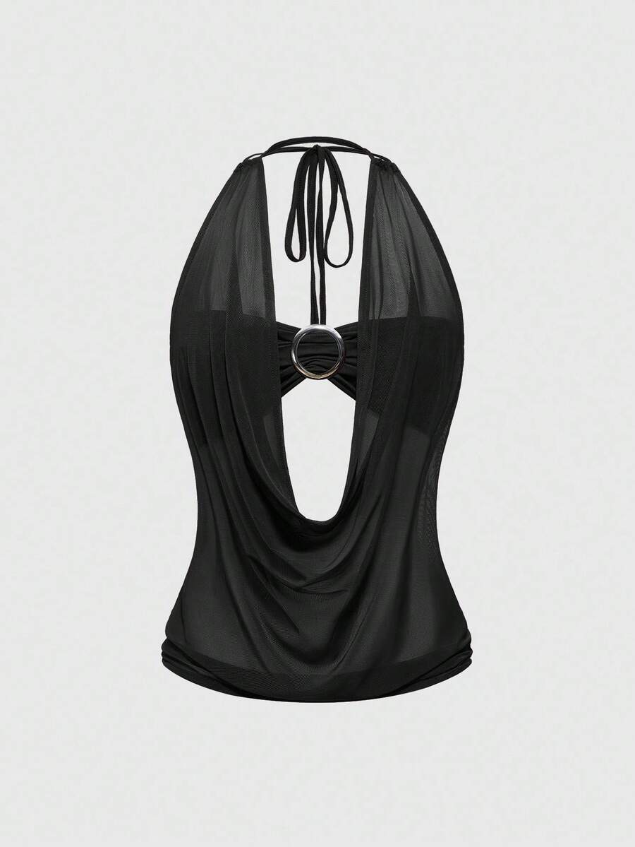 Women's Y2K retro crop tank top with draped halter neckline, cut-out detail, slim fit, and backless design