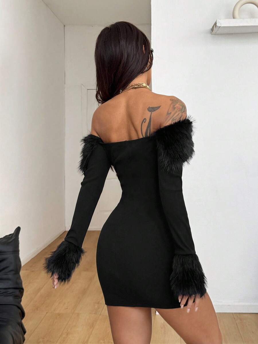White off the shoulder long sleeve mini dress for women with faux fur collar trim and slim fit stretch knit fabric.