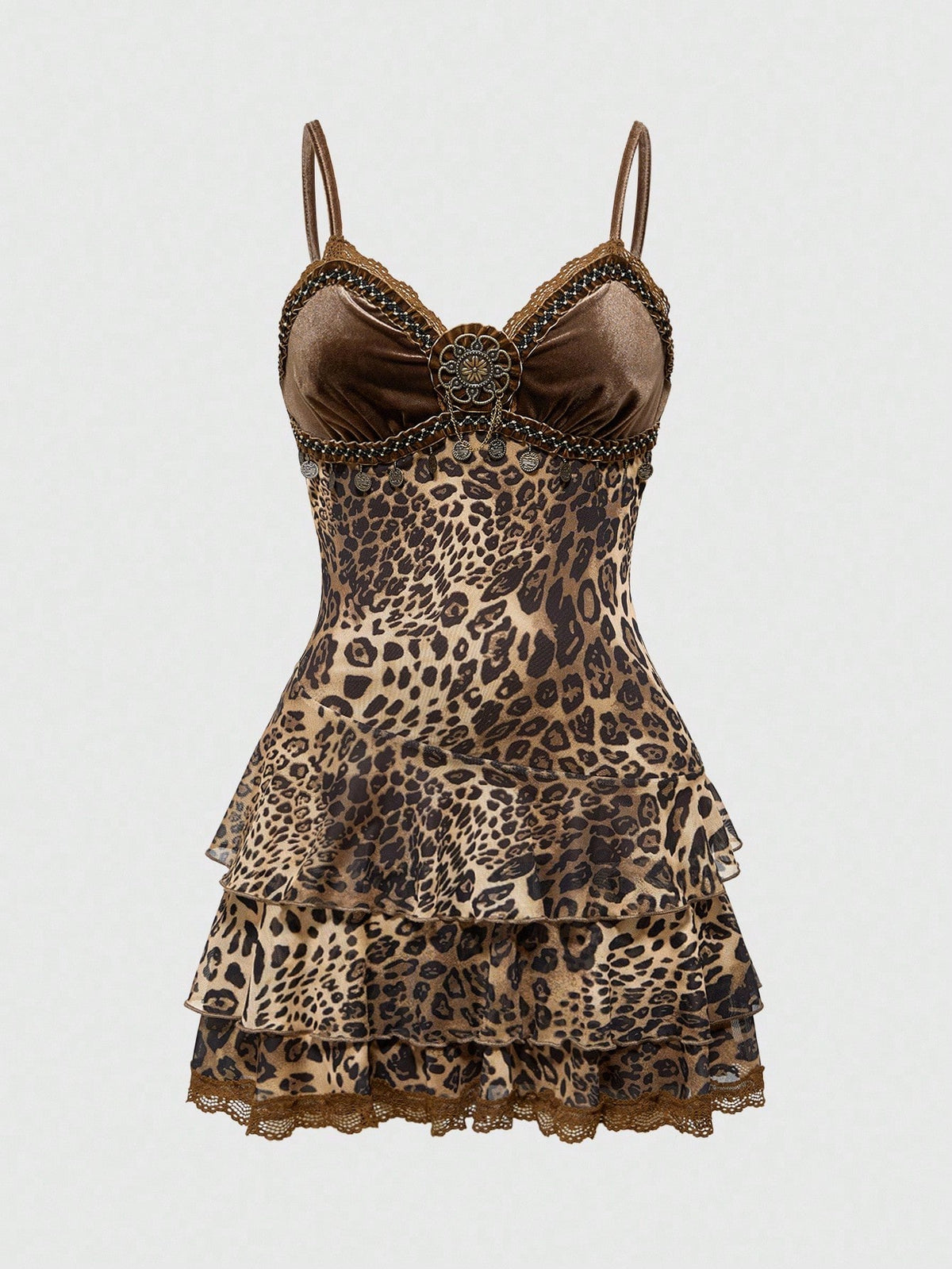 Brown leopard print sleeveless cami mini dress with spaghetti straps, contrast lace, cup detail, slim bodycon fit, high waist, and layered asymmetrical hem