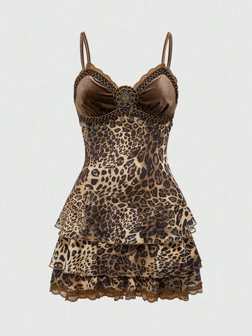 Brown leopard print sleeveless cami mini dress with spaghetti straps, contrast lace, cup detail, slim bodycon fit, high waist, and layered asymmetrical hem