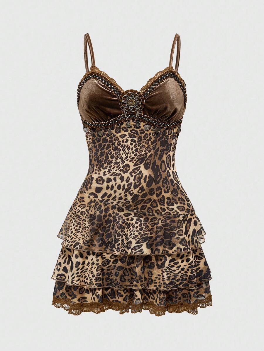 Brown leopard print sleeveless cami mini dress with spaghetti straps, contrast lace, cup detail, slim bodycon fit, high waist, and layered asymmetrical hem
