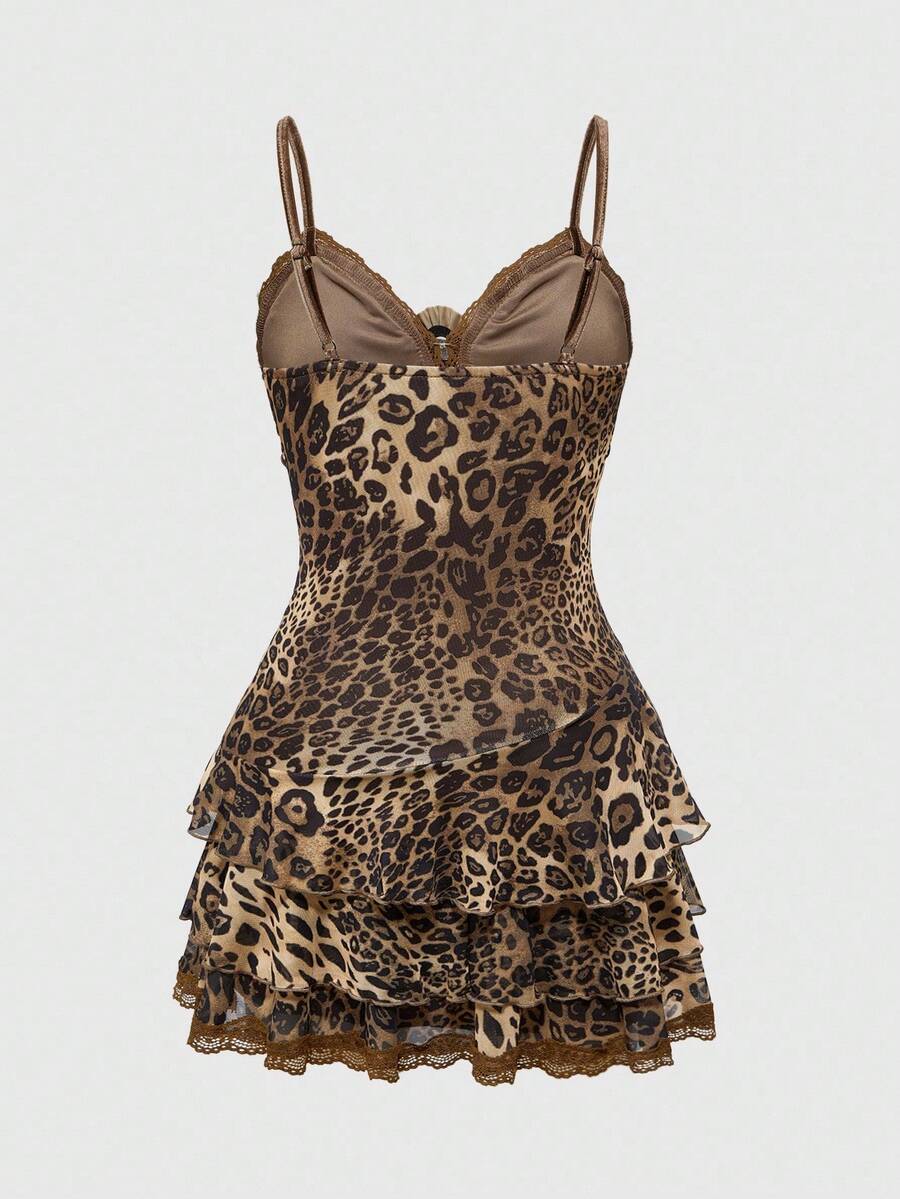 Brown leopard print sleeveless cami mini dress with spaghetti straps, contrast lace, cup detail, slim bodycon fit, high waist, and layered asymmetrical hem