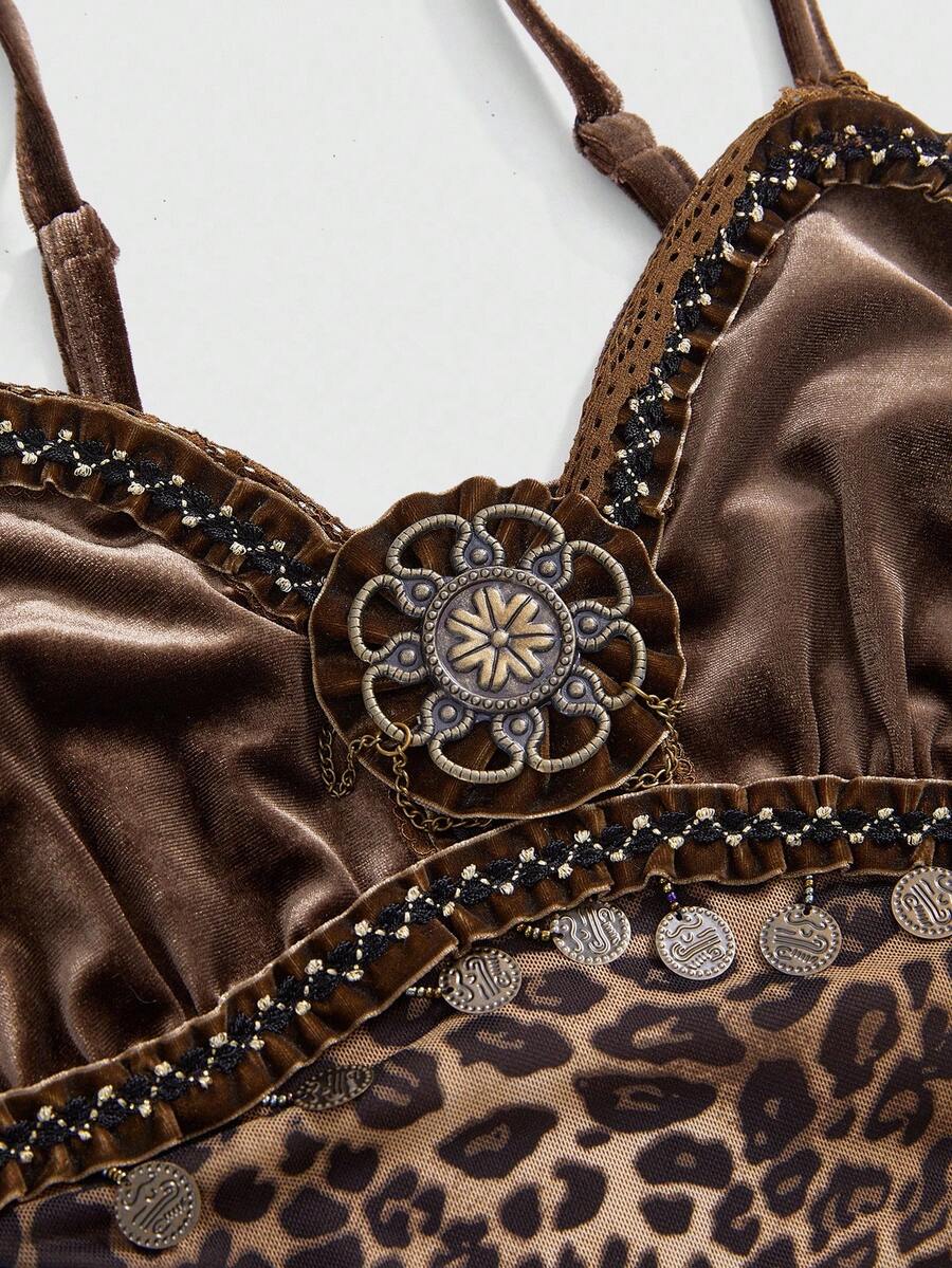 Brown leopard print sleeveless cami mini dress with spaghetti straps, contrast lace, cup detail, slim bodycon fit, high waist, and layered asymmetrical hem