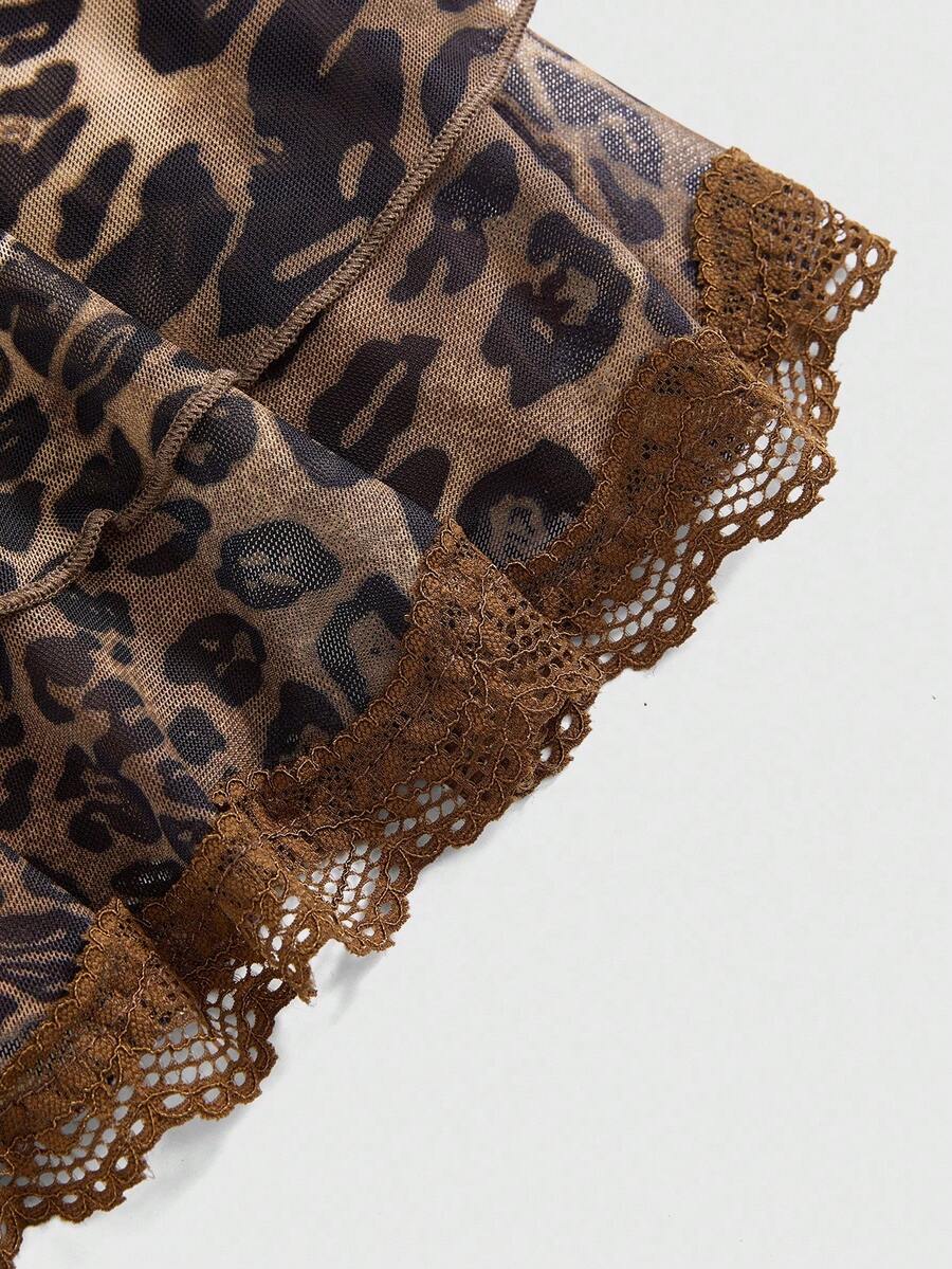 Brown leopard print sleeveless cami mini dress with spaghetti straps, contrast lace, cup detail, slim bodycon fit, high waist, and layered asymmetrical hem