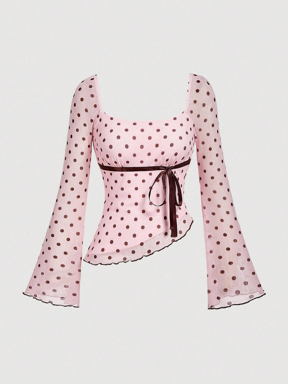 Women's polka dot mesh T-shirt with long flare sleeves, square neckline, bow detail, and asymmetric ruffle hem.