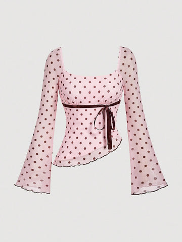 Women's polka dot mesh T-shirt with long flare sleeves, square neckline, bow detail, and asymmetric ruffle hem.