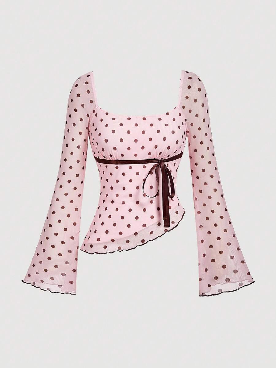 Women's polka dot mesh T-shirt with long flare sleeves, square neckline, bow detail, and asymmetric ruffle hem.